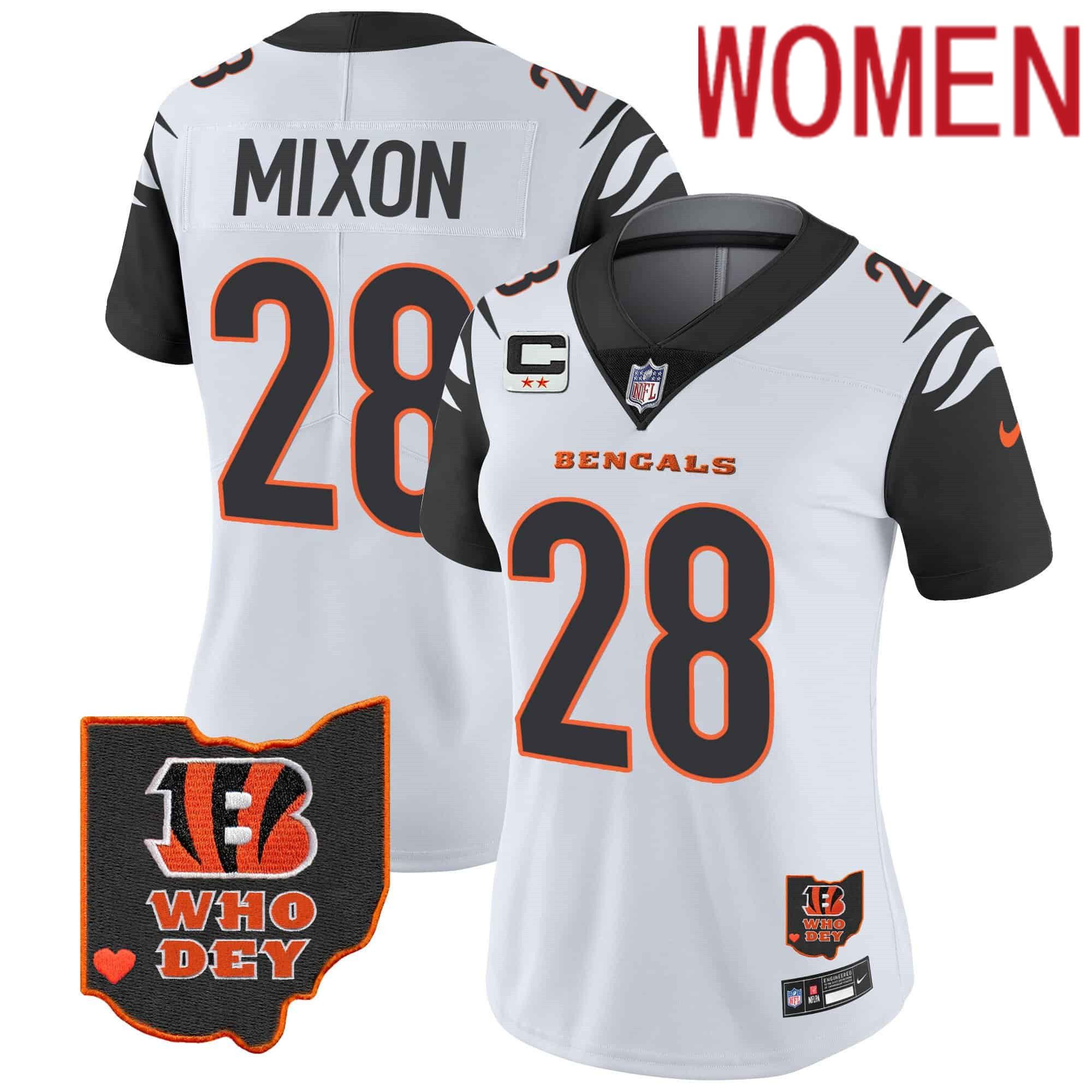 Women Cincinnati Bengals #28 Mixon White 2024 Nike Patch Vapor Limited NFL Jersey style 1->customized nfl jersey->Custom Jersey